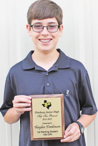 Haydon Tomlinson won first place in the Top Ten Percent with a GPA of 108. Junior High graduates to next level