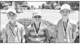 Hogan Spearman, center, has won the Pittsburg leg of the East Texas Junior Golf Tour, shooting an 80. Pictured left to right are: Matthew Peterson, second, Hogan Spearman, first, and Drew Marshall, third. Article Image Alt Text