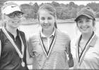 High School Girls are left to right: Third place- Mailey Bynum, Pittsburg, R1- 125, R2- 123, Tot.- 248; First- Mason Garrett, Mt Pleasant, R1- 76, R2- 71, Tot.- 147; and Second- Grelyn Goolsby, Mt Pleasant, R1- 84, R2- 93, Tot.- 177. Article Image Alt Text