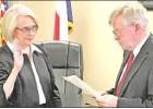 COURTESY PHOTO Newly appointed City Councilmember Margaret Jackson takes the oath of office as Mayor David Abernathy swears her in during a special called meeting Friday, May 24. Jackson, the city’s longtime former city secretary who also served as inte Article Image Alt Text