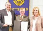 County Judge A. J. Mason (left) and Mayor David Abernathy (center) present their respective declarations Oct. 23 as Rotary International’s End Polio Day to Pittsburg Rotary President Kay Green. County and City declare End Polio Day