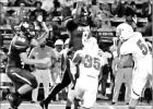 GAZETTE PHOTO / ELLIS KNOX Junior Kemarian ‘Putt’ McCain #8 blocks and Eagles pass, the one bright spot in the Pirate defense was the pass rush. The Pirate defense was often in the Eagles backfield. Article Image Alt Text