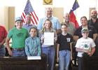 Front row L to R: Andrew Sorensen, Haizlee Sorensen, Reagan Lowe, Graci Lowe, Weston Marks, and Wade Marks. Back row L to R: Commissioner Steve Lindley, Commissioner Perry Weeks, County Judge AJ Mason, Commissioner Tommy Rozell, Kaycee Davis-Pepper, and C Front row L to R: Andrew Sorensen, Haizlee Sorensen, Reagan Lowe, Graci Lowe, Weston Marks, and Wade Marks. Back row L to R: Commissioner Steve Lindley, Commissioner Perry Weeks, County Judge AJ Mason, Commissioner Tommy Rozell, Kaycee Davis-Pepper, and C
