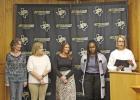 From left: Junior High staff Glenda Maxwell, Shele Reyes, Michelle Bell, and Anisha Miner receive the Pirate Gold Award. COURTESY PHOTO Junior High staff recognized with Pirate Gold Award